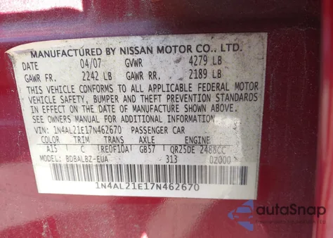 2007 Nissan Altima 2.5 S z USA, uszkodzony, nr VIN 1N4AL21E17N462670